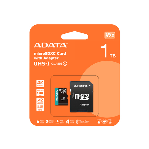 ADATA AUSDX1TUI3V30SA2-RA1, 1 TB, MicroSDXC, Class 10, UHS-I, 100 MB/s, 85 MB/s