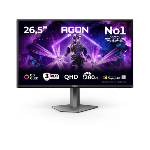 AOC AGON PRO AG276QZD2, 67,3 cm (26.5"), 2560 x 1440 pixels, Quad HD, QD-OLED, 0,03 ms, Black, Grey