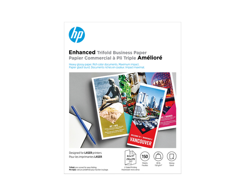HP Enhanced Tri-Fold Business Paper Glossy 40 lb 8.5 x 11 in. (216 x 279 mm) 150 sheets, Inkjet printing, 216x279 mm, Gloss, 150 sheets, White, Home