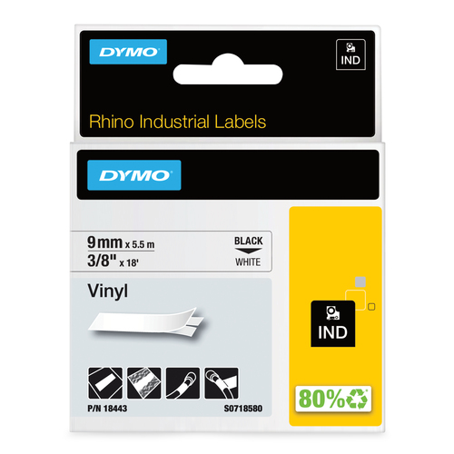 DYMO Rhino Industrial Vinyl Labels, 3/8", Black Print on White Tape, Black on white, Multicolour, Vinyl, -40 - 80 °C, UL 969, DYMO