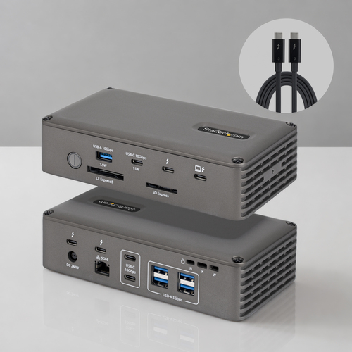 StarTech.com 183N-TB5USB4DOCK, Wired, Thunderbolt 5, 10,100,1000,2500,5000 Mbit/s, Grey, CFexpress Type B, SD, 120 Gbit/s